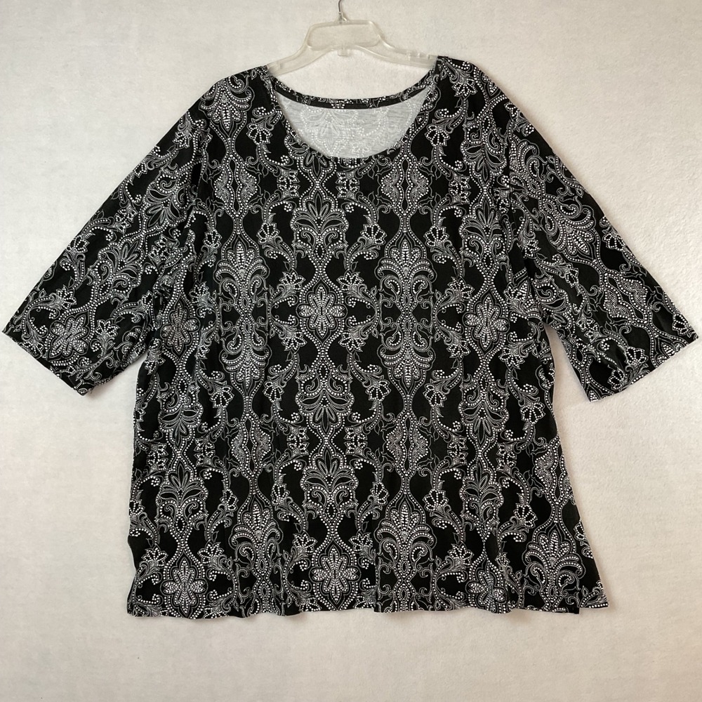 Catherines Easy Fit Tees Black White Geometric Cotton Top 3X 26/28W Elbow Sleeve
